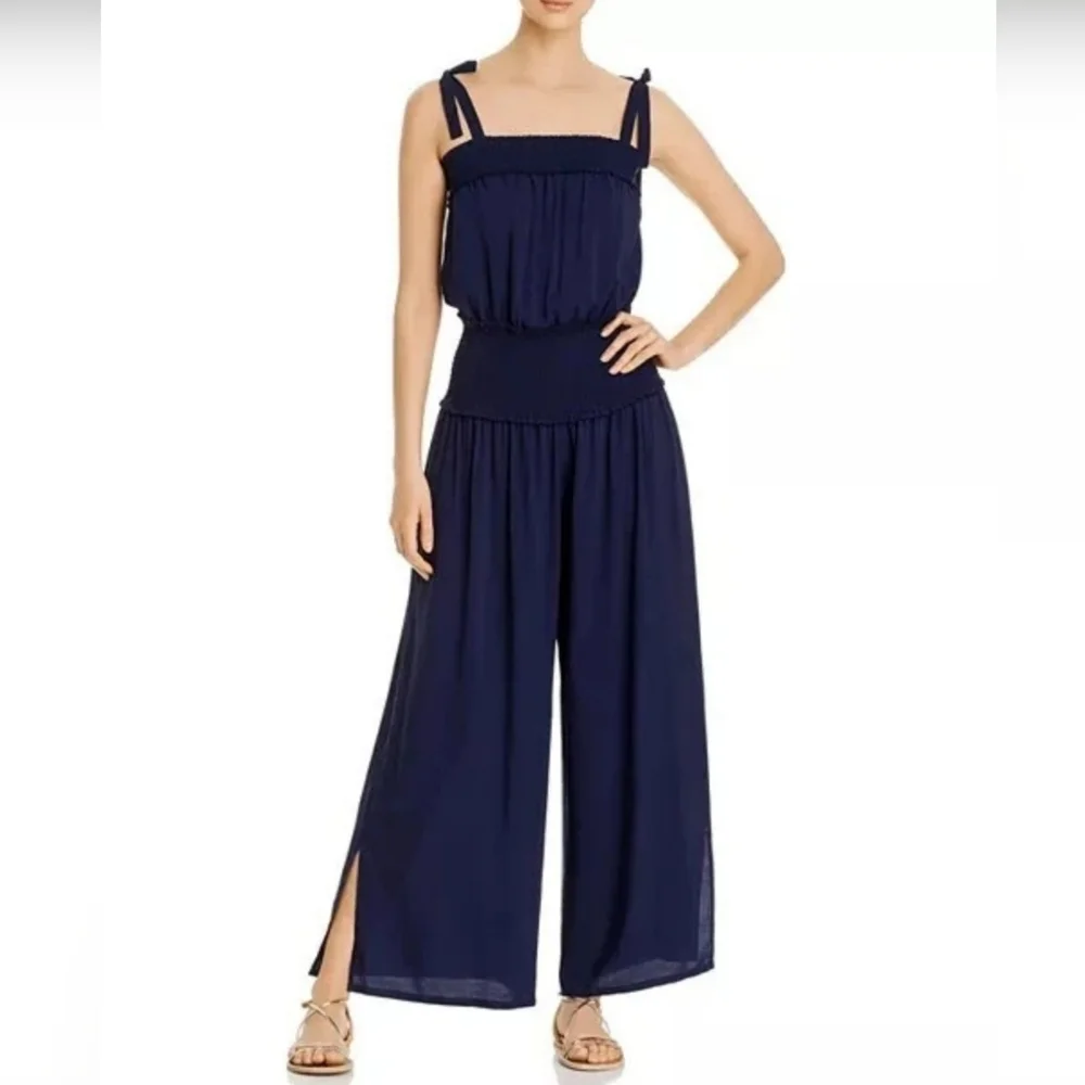 Tory Burch Smocked Tie Shoulder Wide Leg Jumpsuit Resort Flowy Navy Blue XS